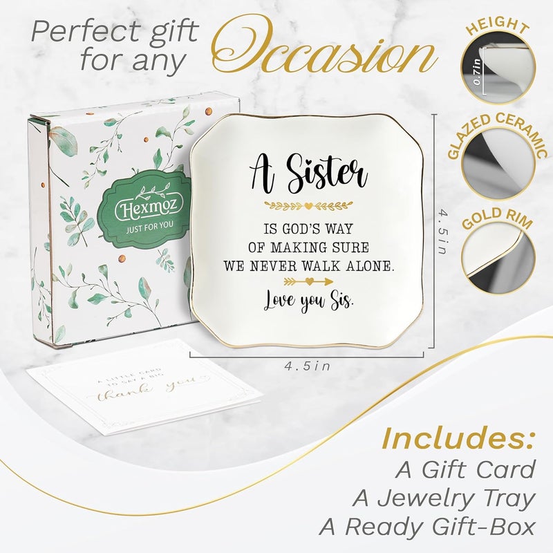 HEXMOZ Sister Birthday Gifts - Sister Valentines Day Gift Ideas for Women, Older Sisters Adult, Big Sis, Little Sis, Sister-in-Law - We Never Walk Alone 4.5"X4.5" Ceramic Jewelry Dish Tray Keepsake - Image 3